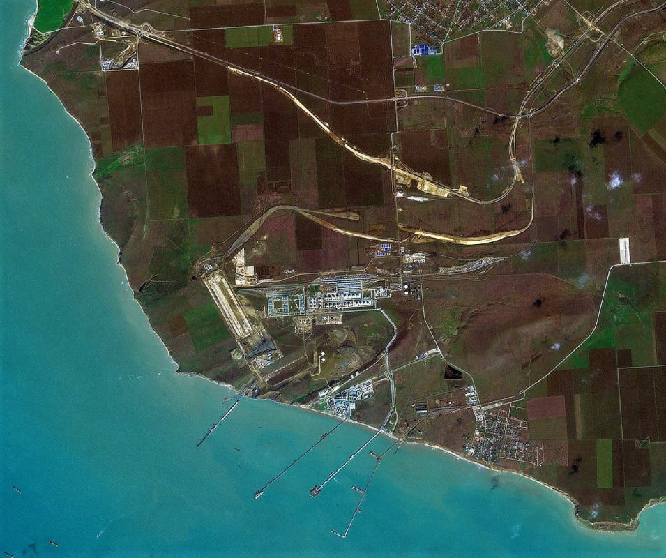 Satellite image of Taman port Russia showing oil storage and cargo terminals on the Black Sea