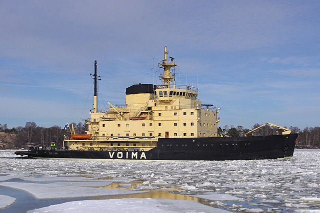 Finnish icebreaker Voima breaking ice in the Baltic Sea