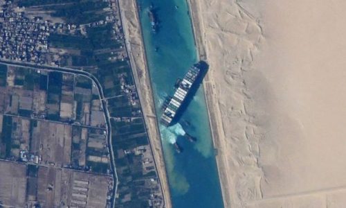 Satellite view of Ever Given blocking the Suez Canal during the 2021 grounding.
