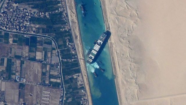 Satellite view of Ever Given blocking the Suez Canal during the 2021 grounding.