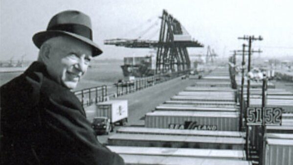 Malcolm McLean at Port Newark, pioneer of containerization and modern container shipping