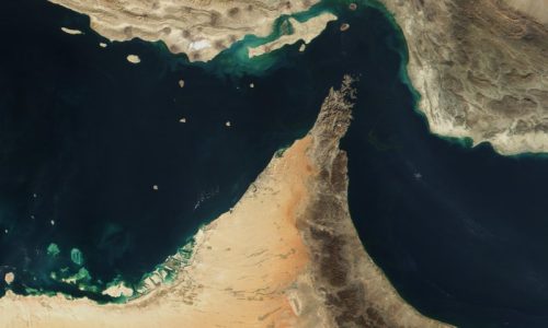 Satellite view of the Strait of Hormuz, a major global shipping route between the Persian Gulf and Gulf of Oman