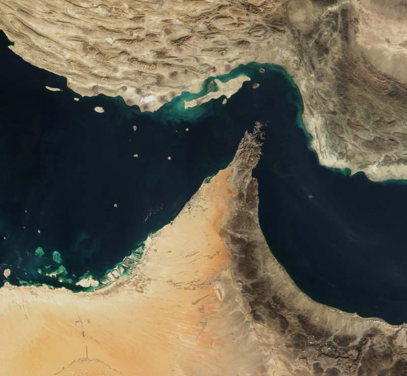 Satellite view of the Strait of Hormuz, a major global shipping route between the Persian Gulf and Gulf of Oman