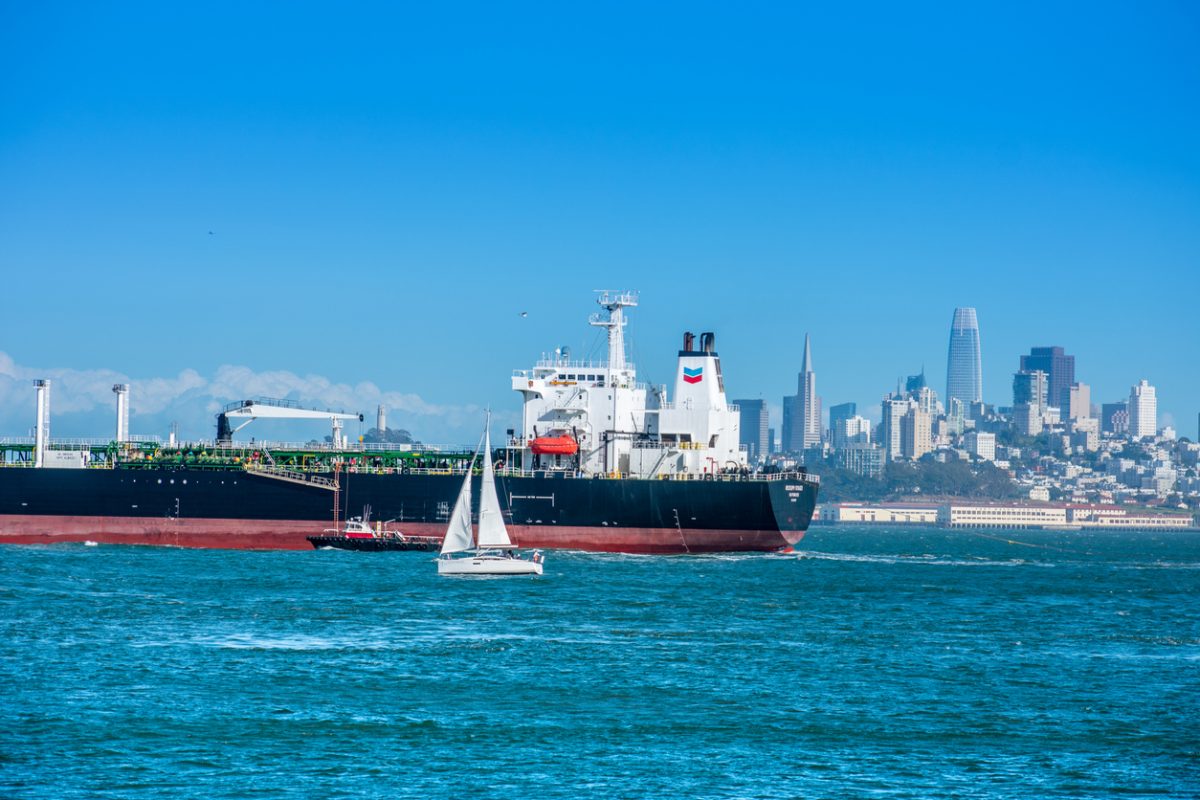 Chevron oil tanker in San Francisco Bay illustrating maritime fuel imports to California