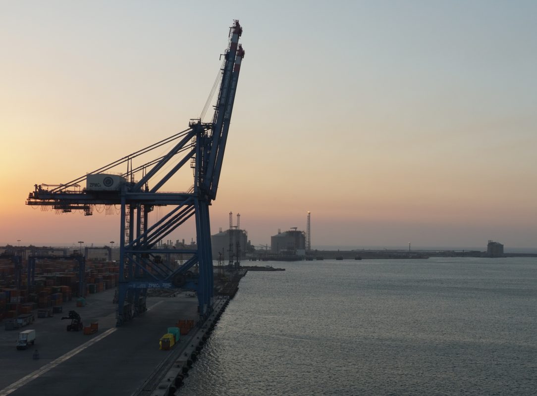 Gantry cranes at a container terminal illustrating port capacity expansion