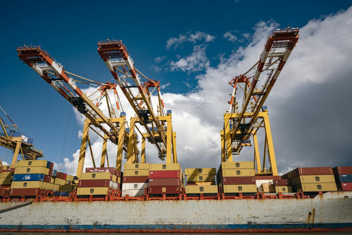 Bremerhaven container terminal cranes and container stacks at North Sea Terminal Bremerhaven