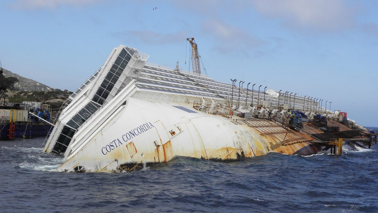 Capsized cruise ship Costa Concordia during the salvage operation off Giglio Island in 2012.