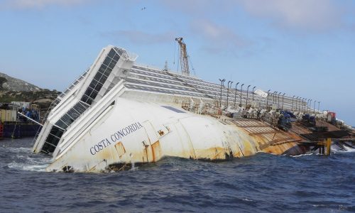 Capsized cruise ship Costa Concordia during the salvage operation off Giglio Island in 2012.