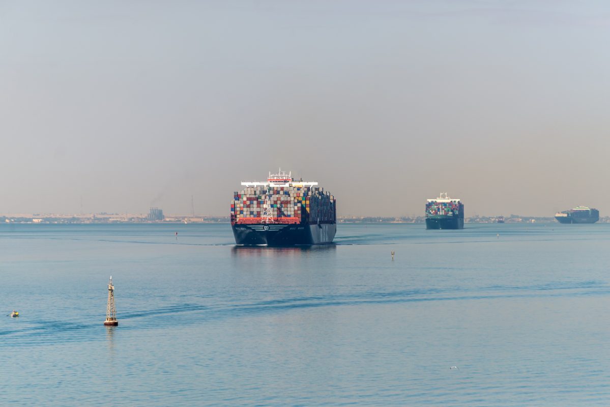 Container ships transiting the Suez Canal linking the Mediterranean Sea and Red Sea shipping corridor