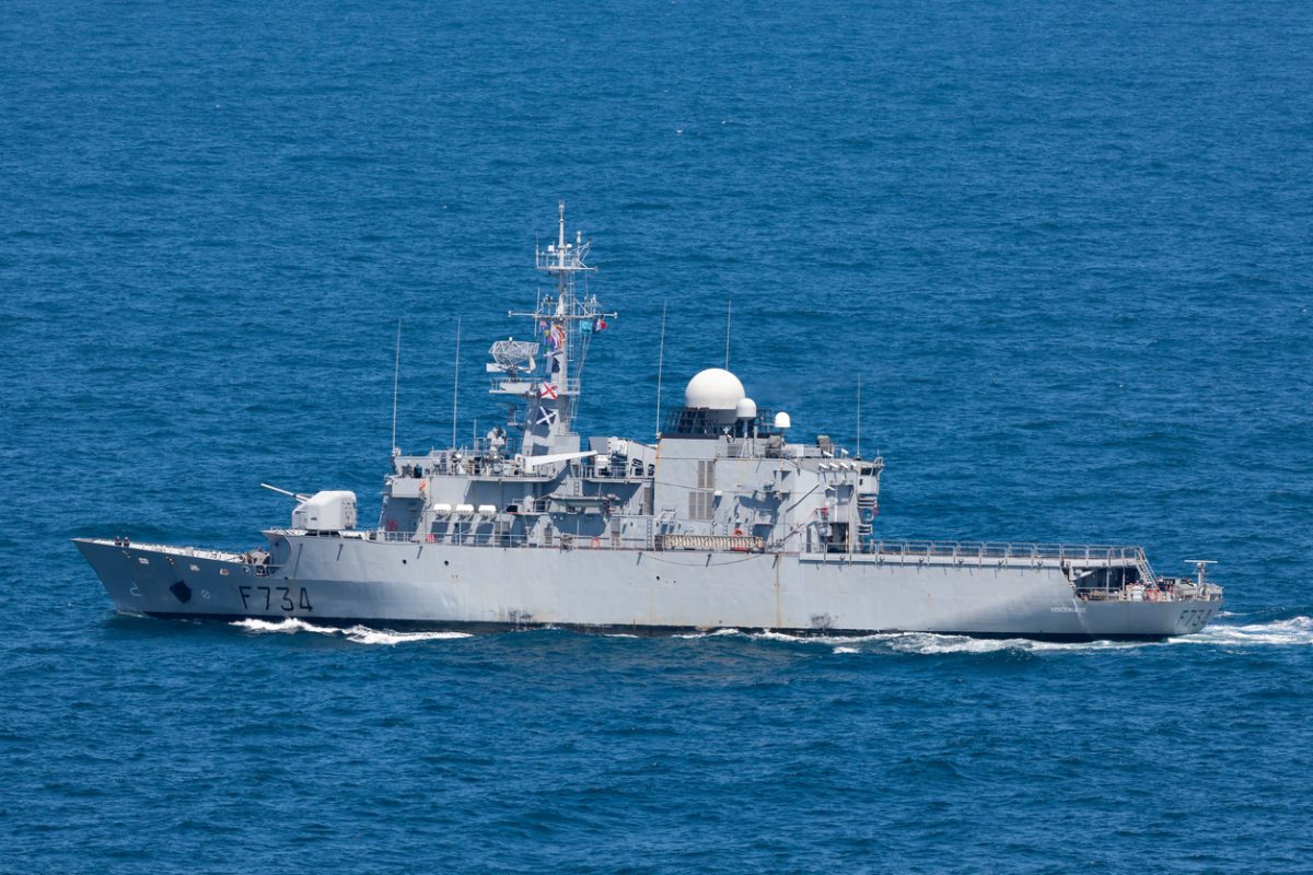 French Navy frigate FNS Vendemiaire conducting maritime patrol operations to protect global shipping routes.