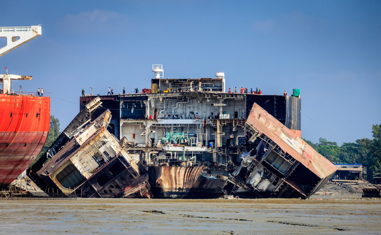 Shipbreaking yard in Chittagong Bangladesh dismantling end of life vessels for recycling.