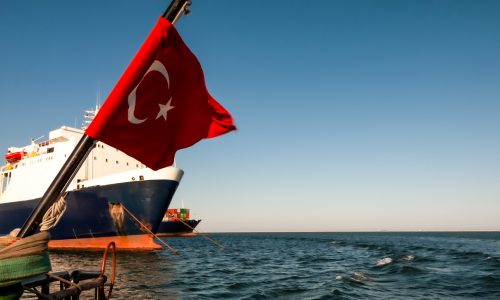 Cargo ships anchored in the harbor at Mersin Turkey