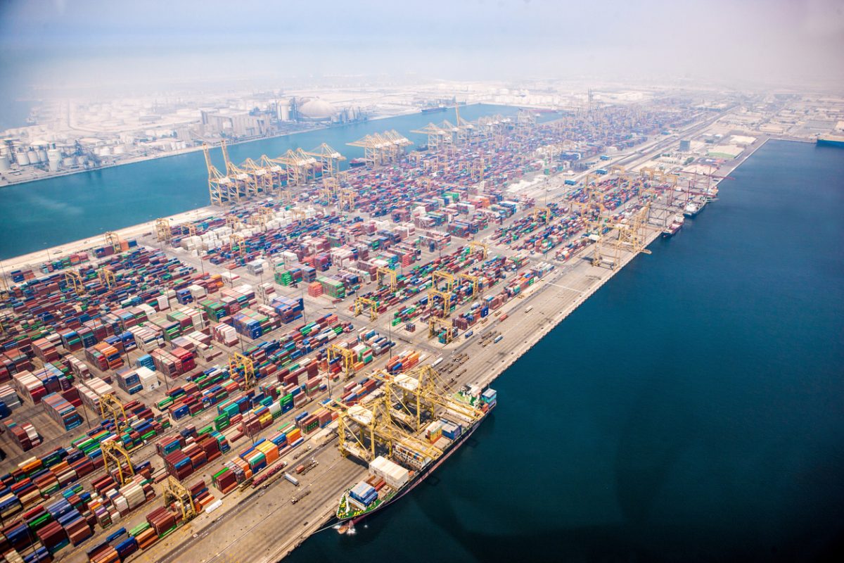 Aerial view of Jebel Ali Port container terminals and cranes in Dubai