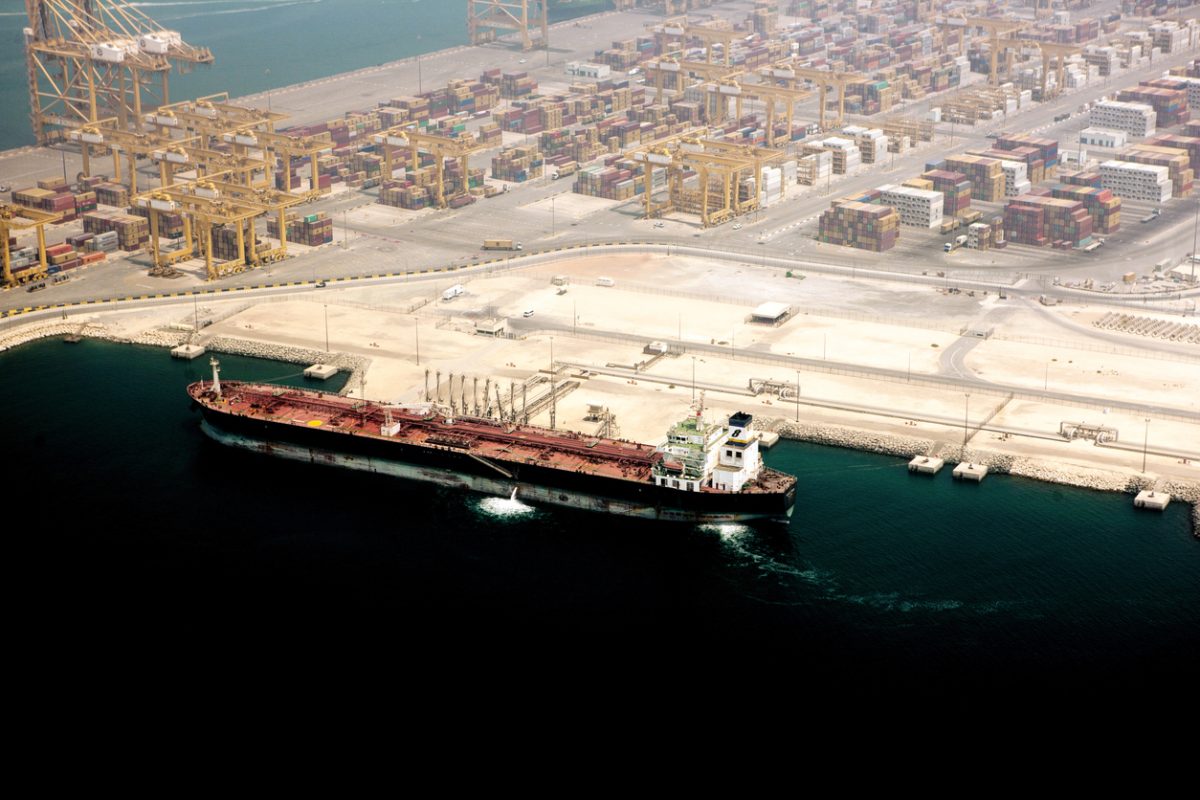 Container terminal operations at Jebel Ali Port Dubai, a major maritime logistics hub in the Persian Gulf.