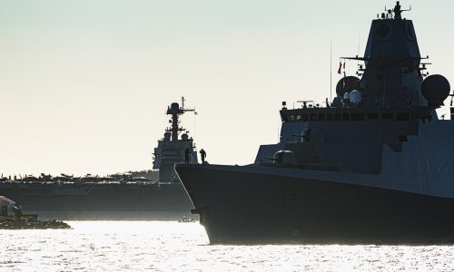 U.S. Navy frigate conducting maritime security operations as Washington considers tanker escorts in the Strait of Hormuz