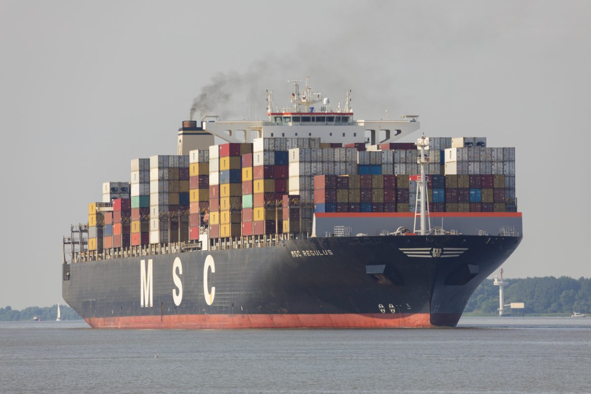 MSC Regulus container ship on Elbe River near Hamburg