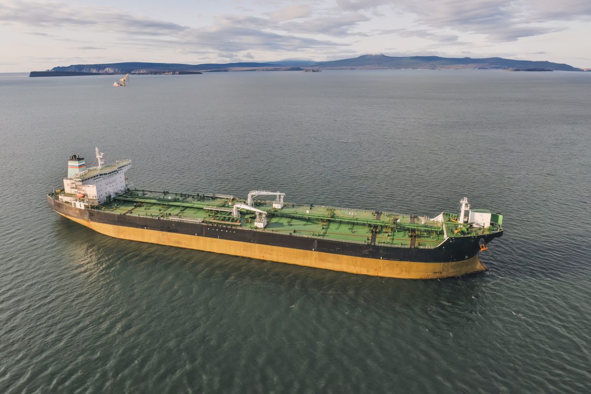 Russian oil tanker operating offshore near Sakhalin transporting crude oil cargo