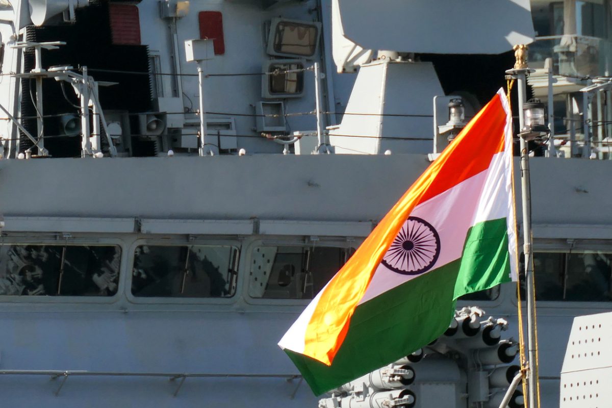 Indian Navy destroyer INS Kolkata bridge with Indian flag
