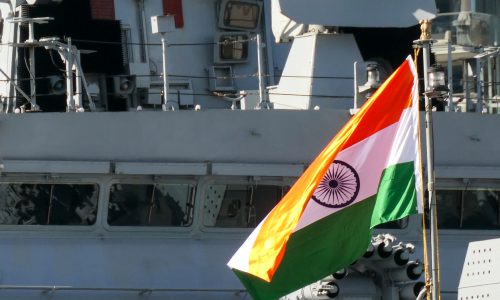 Indian Navy destroyer INS Kolkata bridge with Indian flag