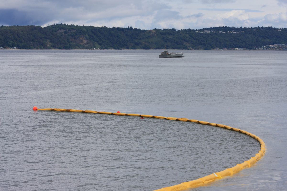 Oil containment boom deployed during offshore oil spill cleanup