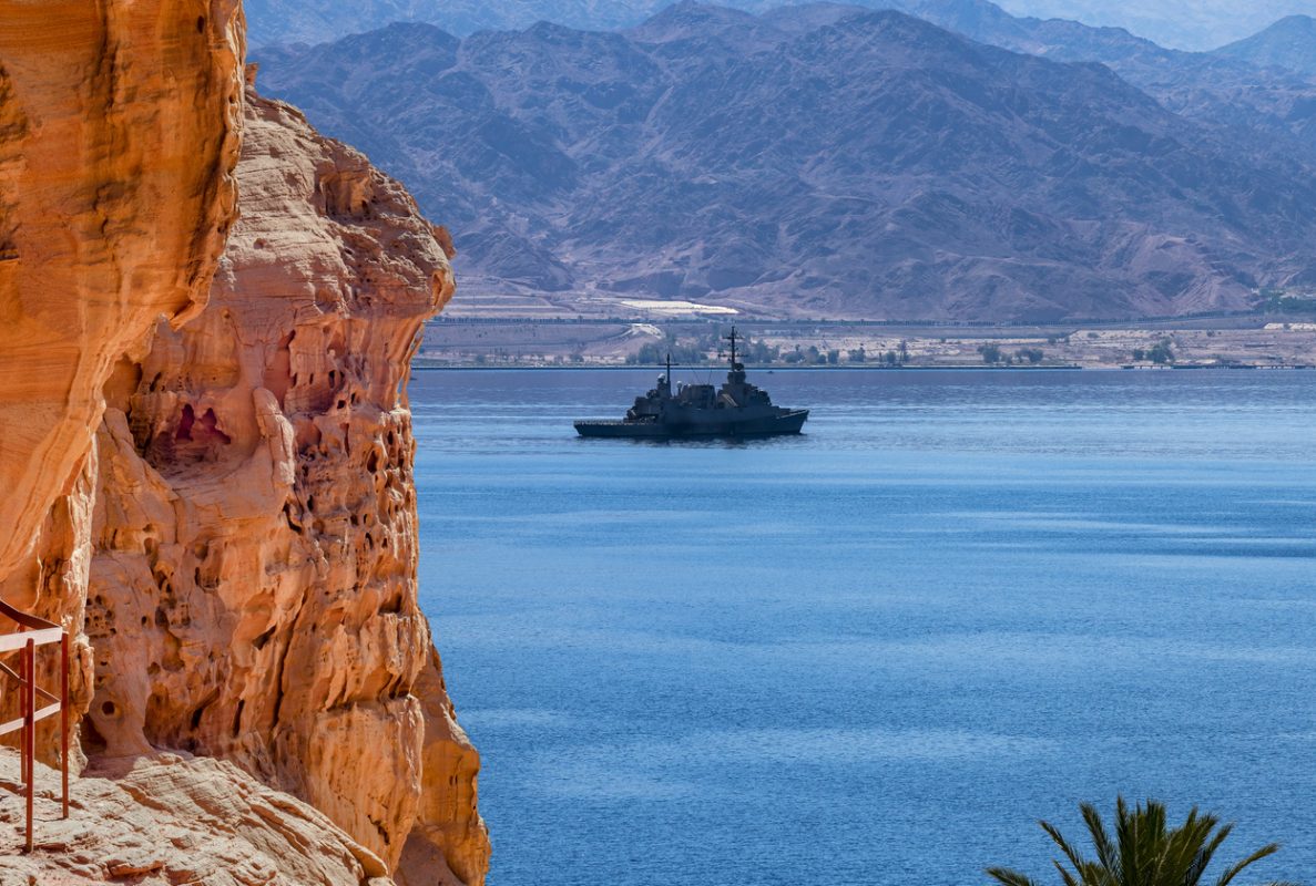 Naval ship patrolling Red Sea to protect commercial shipping routes in Middle East