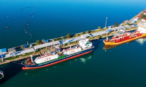 LPG tankers moored at marine terminal loading liquefied petroleum gas cargo