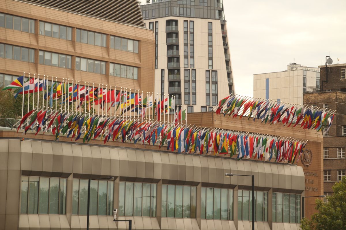International Maritime Organization headquarters in London with national flags, IMO maritime safety body