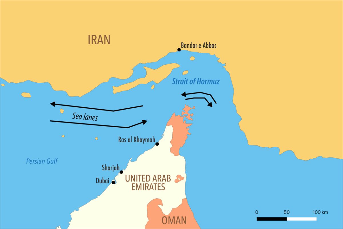 Strait of Hormuz political map showing key shipping chokepoint between Iran, Oman and UAE