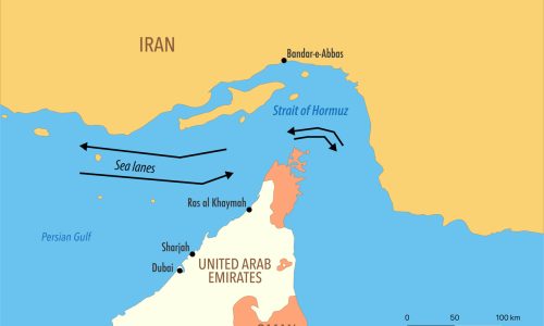 Strait of Hormuz political map showing key shipping chokepoint between Iran, Oman and UAE