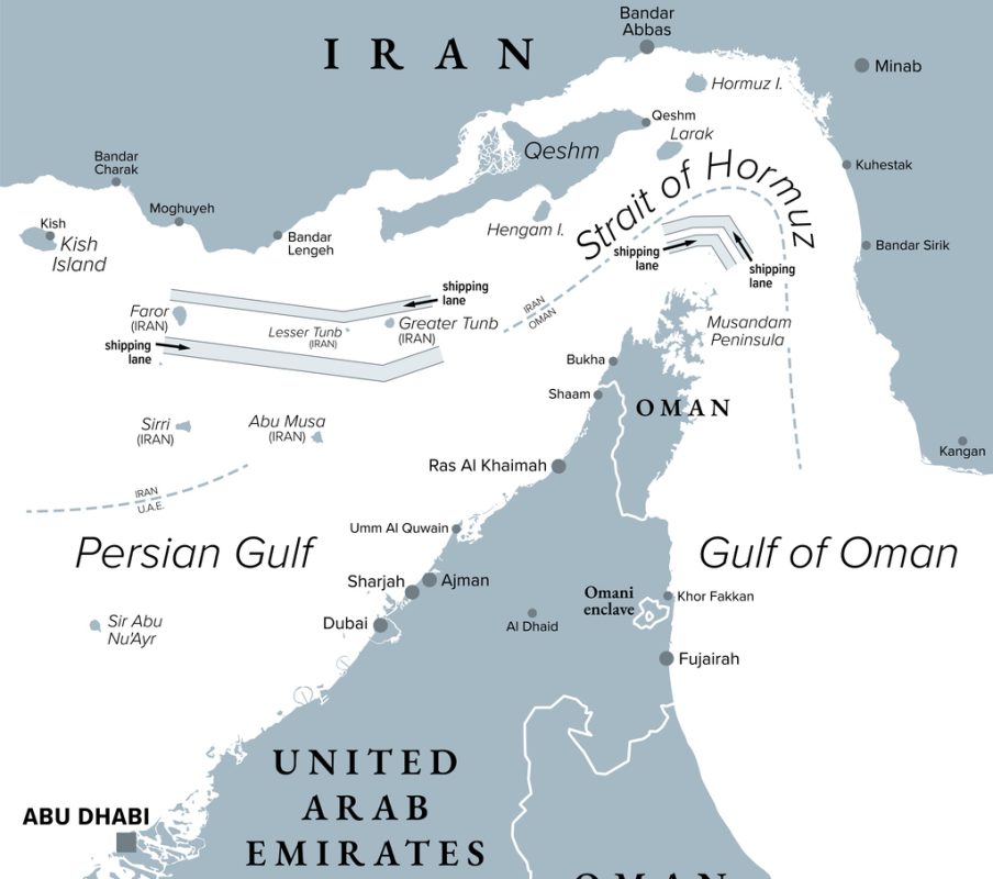 Strait of Hormuz map showing key Gulf shipping routes and war risk insurance zone expansion
