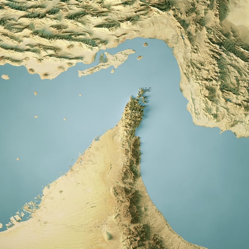 Strait of Hormuz satellite map showing key Gulf shipping lanes and oil export routes