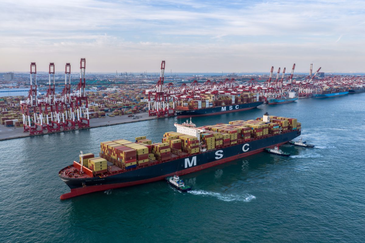 MSC container ship docked at container terminal port operations