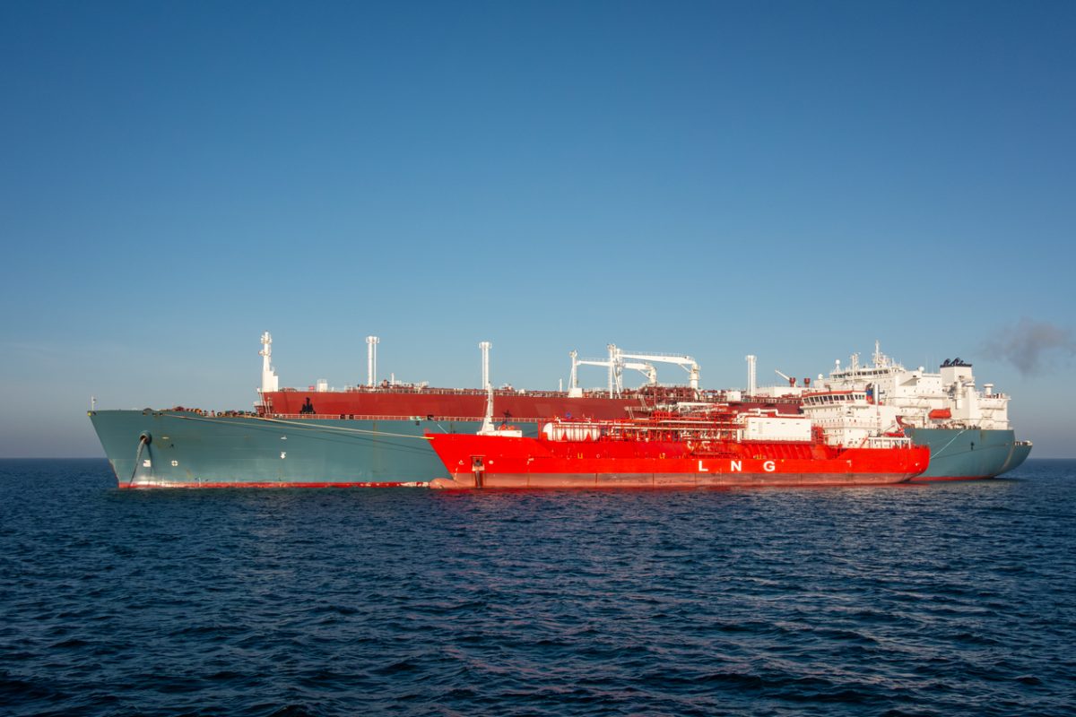 Liquefied natural gas tankers conducting ship to ship cargo transfer