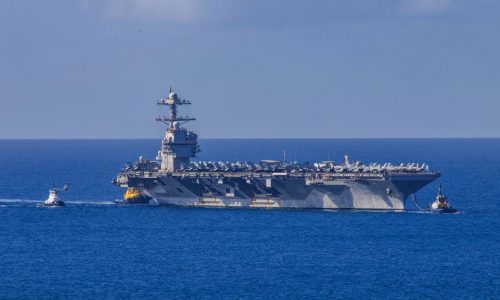 USS Gerald R Ford aircraft carrier at sea during deployment linked to Red Sea maritime security operations