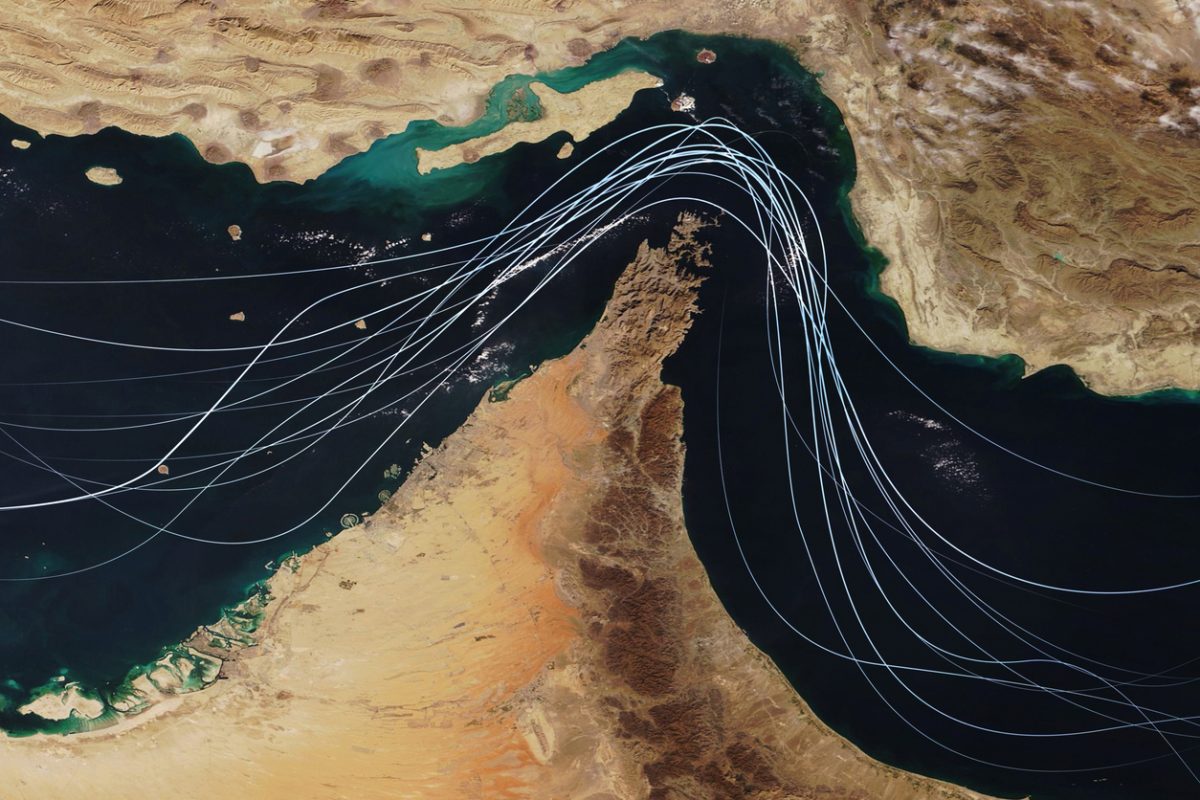 Satellite view of the Strait of Hormuz showing major global shipping routes amid Gulf maritime disruption