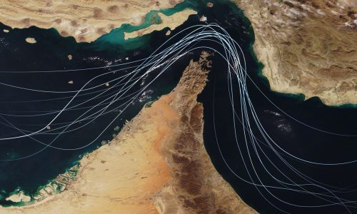 Satellite view of the Strait of Hormuz showing major global shipping routes amid Gulf maritime disruption