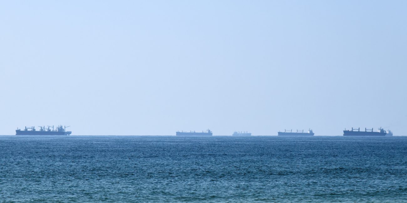 Oil tankers anchored off Oman near the Strait of Hormuz amid shipping security concerns