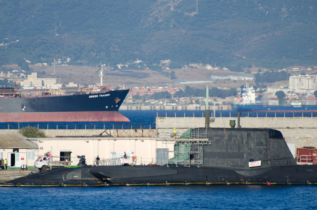 Royal Navy submarine HMS Ambush in dry dock in Gibraltar during repair works