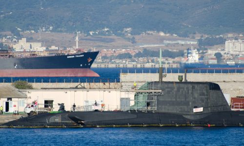 Royal Navy submarine HMS Ambush in dry dock in Gibraltar during repair works
