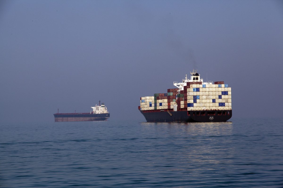 Cargo vessel transiting the Strait of Hormuz, a key maritime chokepoint for global shipping