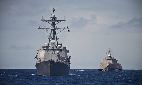 U.S. Navy warships operating at sea as Washington calls for allied naval forces to protect shipping in the Strait of Hormuz