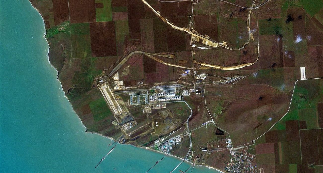 Satellite image of Taman port Russia showing oil storage and cargo terminals on the Black Sea