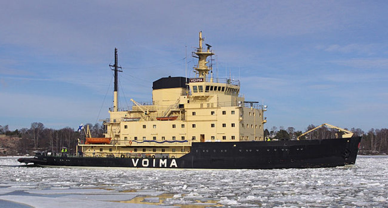 Finnish icebreaker Voima breaking ice in the Baltic Sea