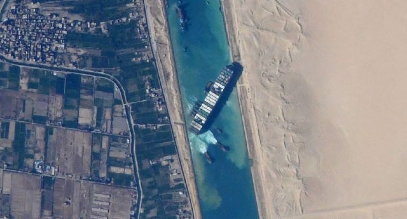 Satellite view of Ever Given blocking the Suez Canal during the 2021 grounding.