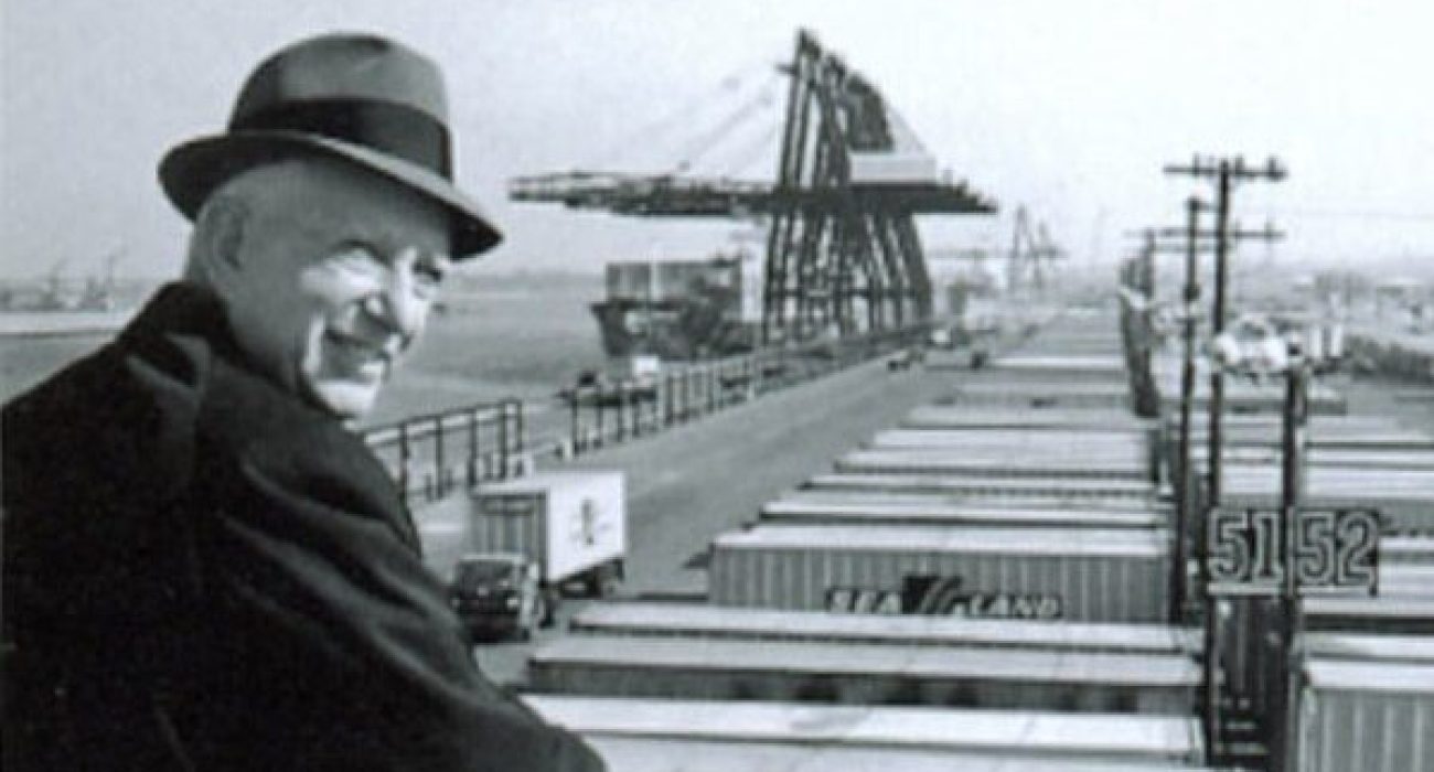 Malcolm McLean at Port Newark, pioneer of containerization and modern container shipping