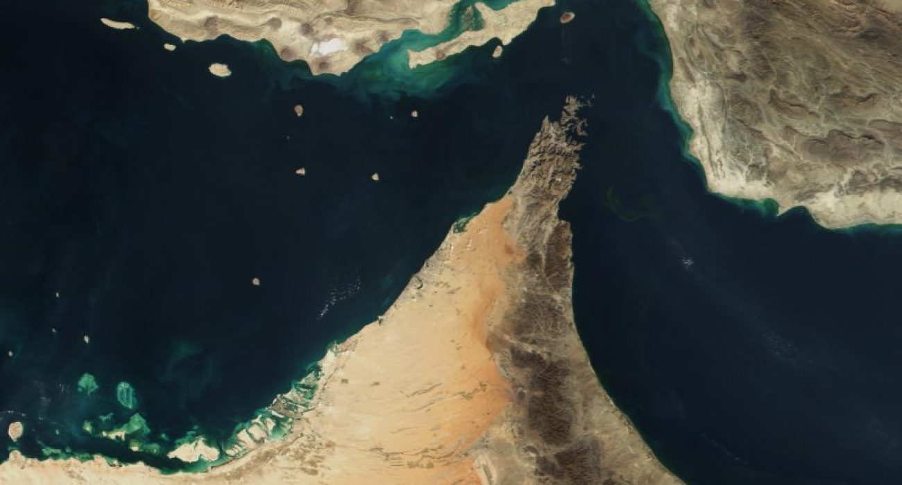 Satellite view of the Strait of Hormuz, a major global shipping route between the Persian Gulf and Gulf of Oman