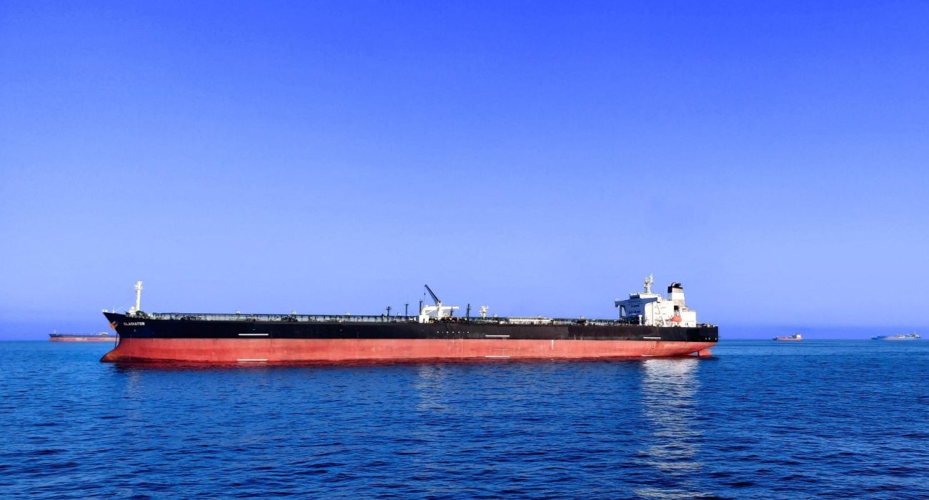 Very large crude carrier tanker sailing at sea