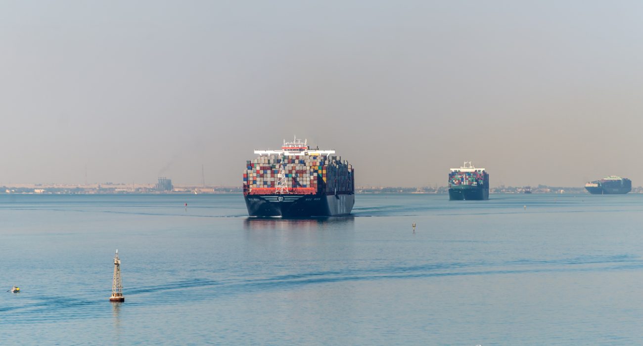 Container ships transiting the Suez Canal linking the Mediterranean Sea and Red Sea shipping corridor