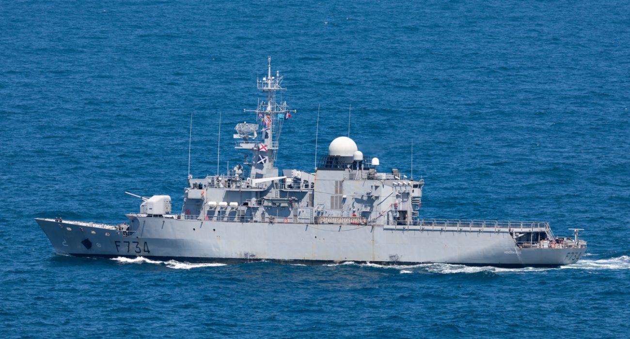 French Navy frigate FNS Vendemiaire conducting maritime patrol operations to protect global shipping routes.