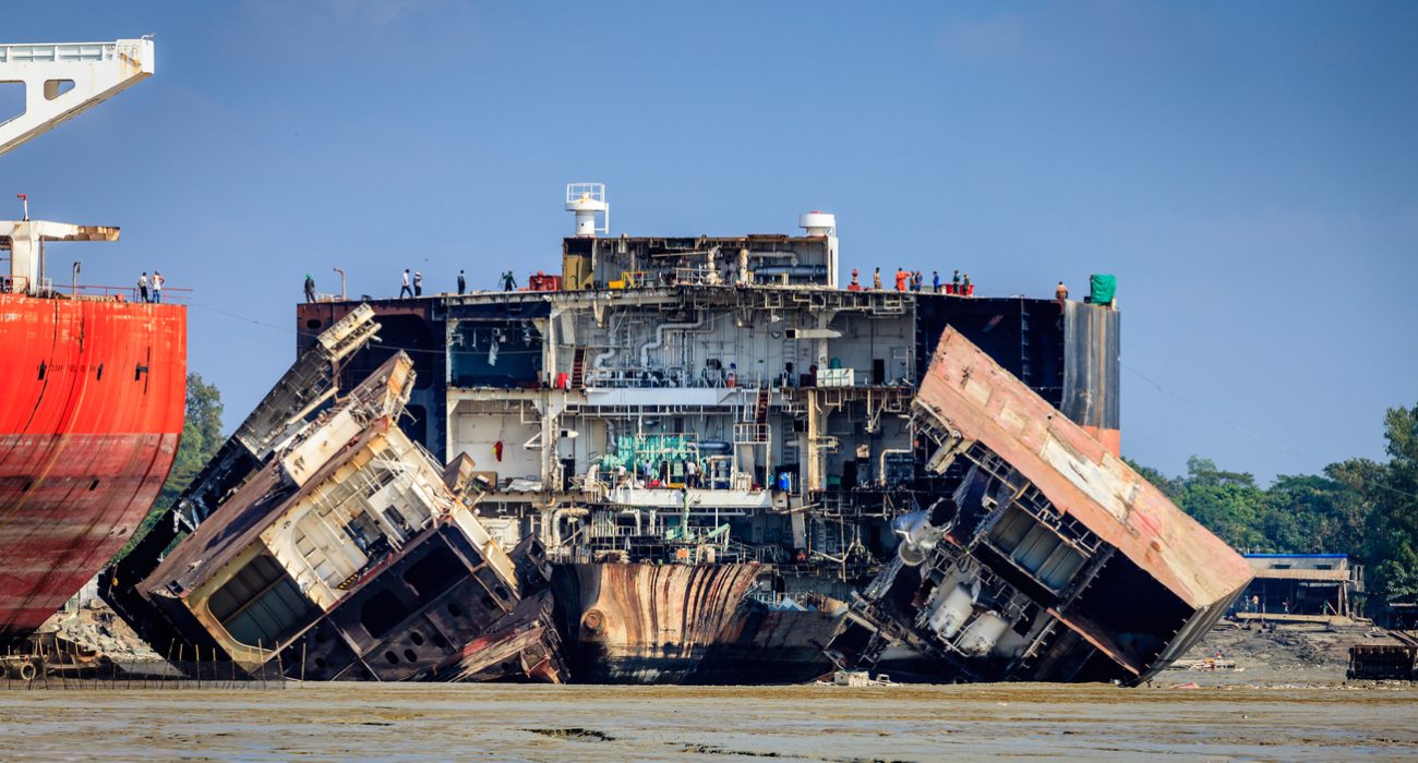Shipbreaking yard in Chittagong Bangladesh dismantling end of life vessels for recycling.